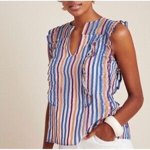 Maeve Blue and Orange Striped Ruffle Blouse